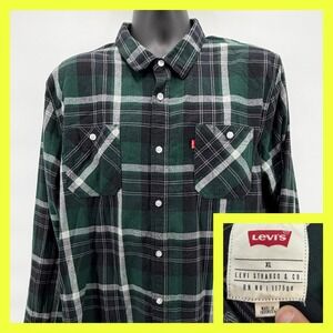 Levi's Men's XL Plaid Flannel Shirt Green Black White Long Sleeve Cotton Button